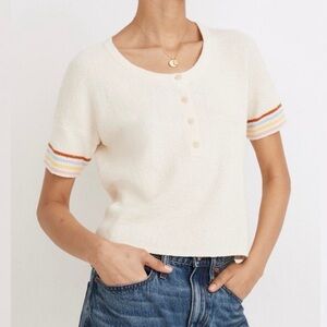 Women's Cream Knit Henley Top with Rainbow Sleeves